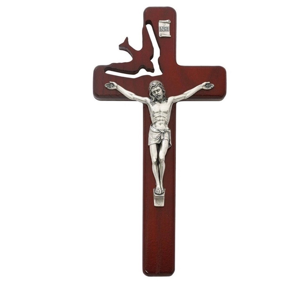McVan Cherry Wood Wall Crucifix Pewter Corpus Holy Spirit Dove Made in USA 8 In
